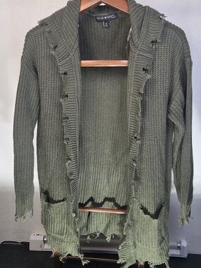 Derek Heart Olive Green Distressed Open-Front Cardigan